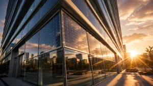 Simulación con IA de fachada de edificio moderno con vidrio fotovoltaico para energía solar BIPV.